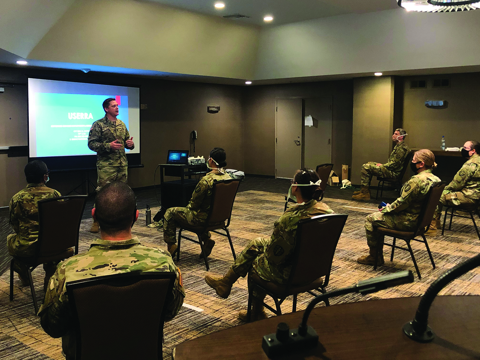CPT Erik Hoyle, 78th LOD, Los Alamitos, California, provides a USERRA brief to the Western Medical Area Support Group (WEMARSG) unit in San Diego. This rapid response SRP was in response to COVID19. Soldiers of the WEMARSG unit practiced appropriate social distancing and ensured proper wear of PPE.